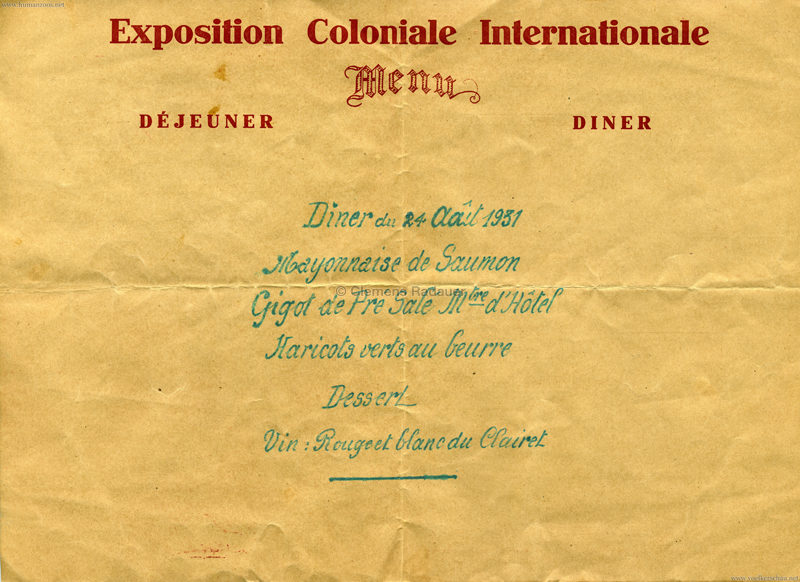 1931 Exposition Coloniale Internationale Paris Menue 2
