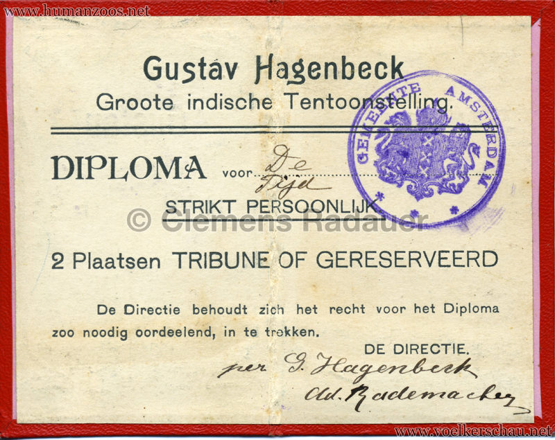 1906 Gustav Hagenbeck. Groote indische Teutoonstelling Diploma