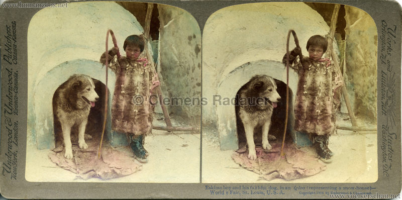 Eskimo boy and his faithful dog in an igloo