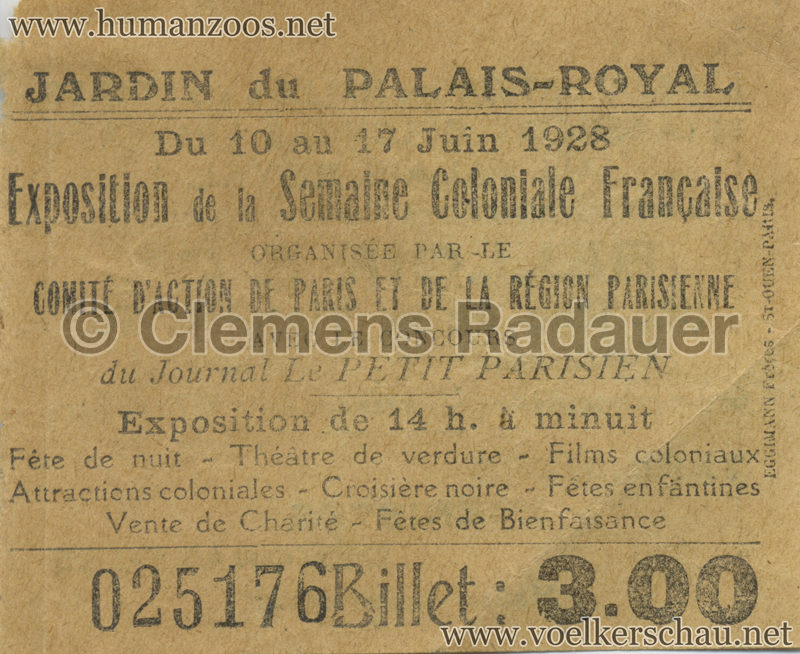1928 Exposition de la Semaine Coloniale Francaise TICKET