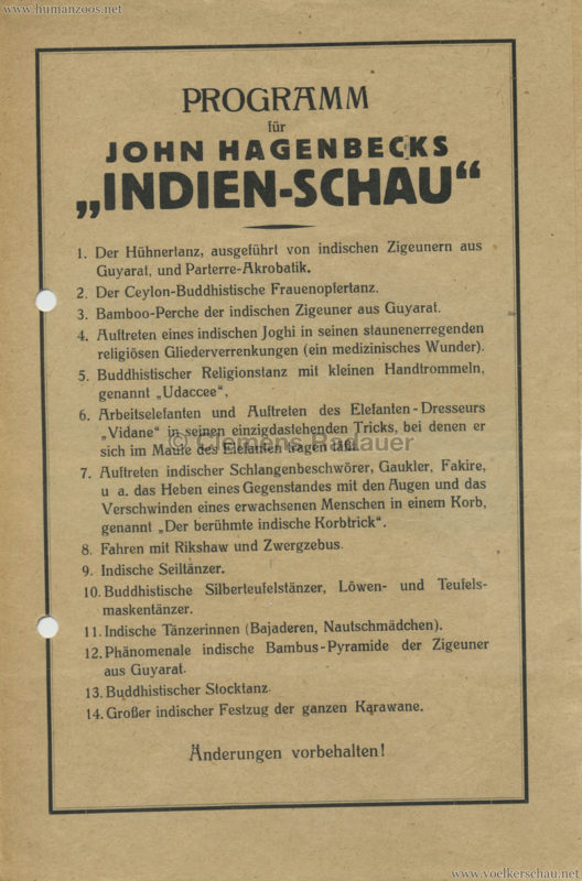1926 John Hagenbeck's Indienschau PROGRAMM 1